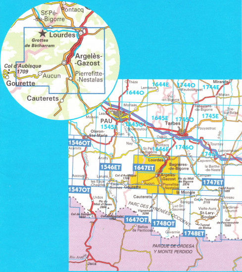 detail IGN 1647 ET Lourdes, Argeles - Gazost, Le Lavedan 1:25t mapa IGN