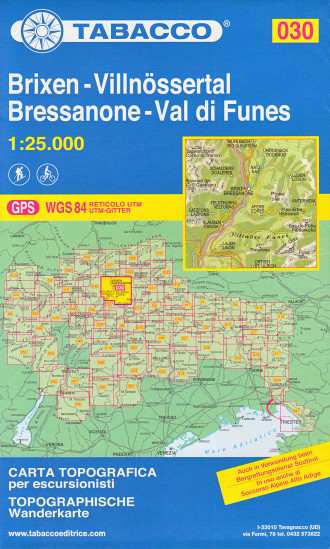 detail Brixen – Villnössertal, Bressanone – Val di Funes1:25 000 tur.mapa TABACCO #30