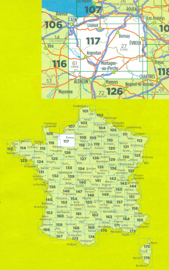 detail IGN 117 Caen, Evreux 1:100t mapa IGN