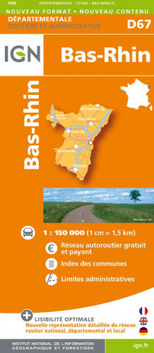 Bas-Rhin departement 1:150.000 mapa IGN