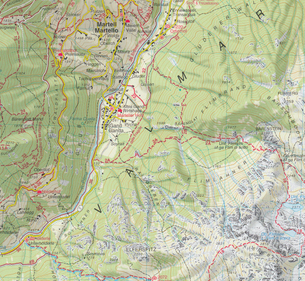 detail Latsch, Martell, Schlanders 1:25 000 turistická mapa TABACCO #45