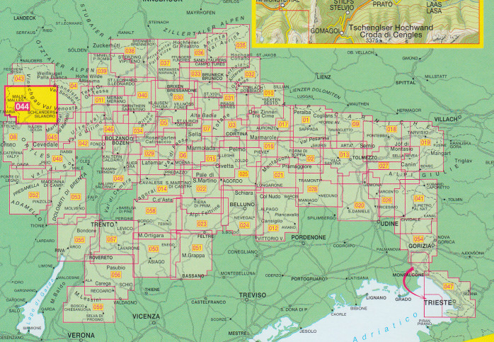 detail Vinschgau, Mals, Sesvenna, Val Venosta 1:25 000 turistická mapa TABACCO #44