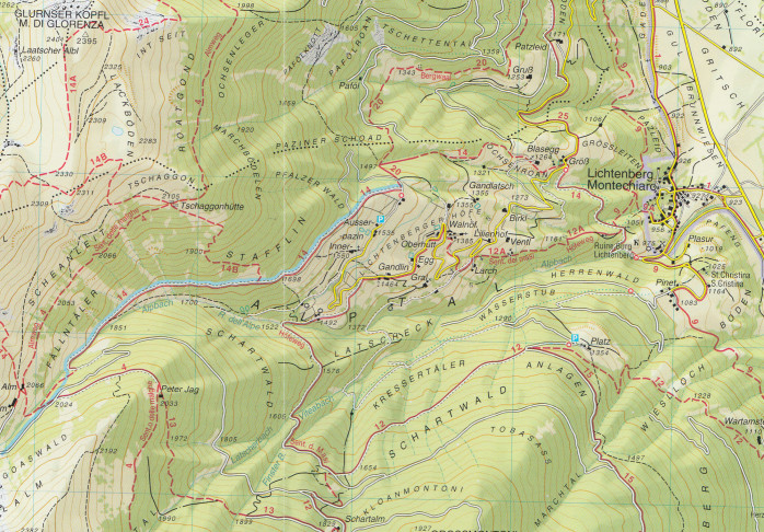 detail Vinschgau, Mals, Sesvenna, Val Venosta 1:25 000 turistická mapa TABACCO #44
