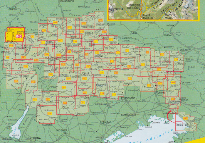 detail Vinschgauer Oberland, Alta Val Venosta 1:25 000 turistická mapa TABACCO #43