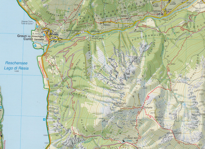 detail Vinschgauer Oberland, Alta Val Venosta 1:25 000 turistická mapa TABACCO #43