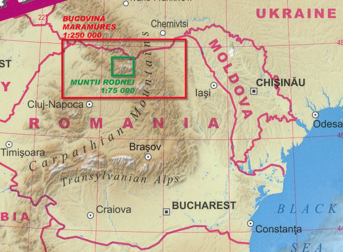 detail Bucovina, Maramures 1:250.000 / Munti Rodnei 1:75:000 turistická mapa TQ