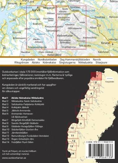 detail Abisko Kebnekaise Nikkaluokta 1:75.000 turistická mapa NORSTEDTS