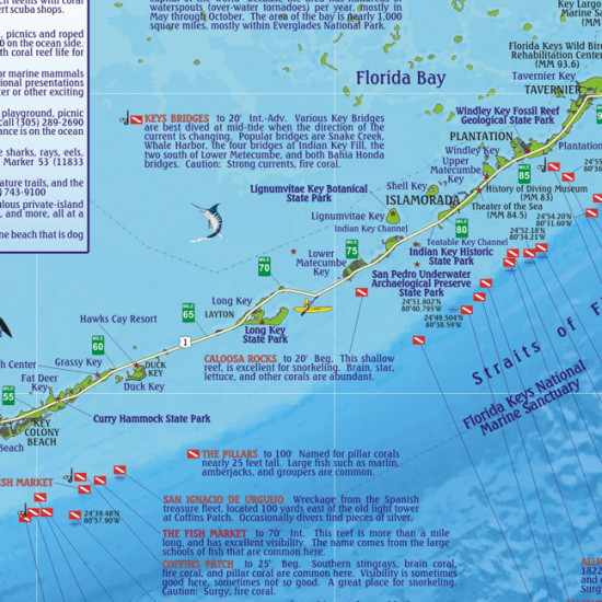 detail Florida Keys 1:340t guide & dive mapa + Key West FRANKO´S