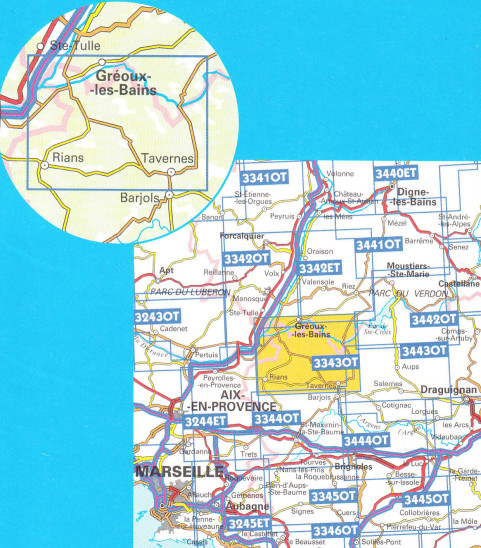detail IGN 3343 OT Greoux Les Bains - Rainds 1:25t mapa IGN