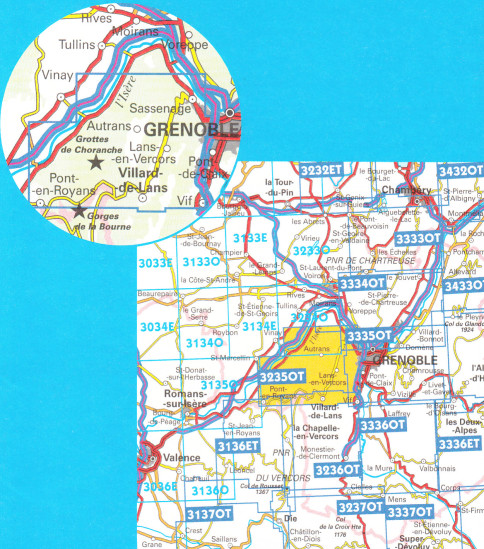 detail IGN 3235 OT AUTRANS, GORGES DE LA BOURNE 1:25t tur. mapa IGN