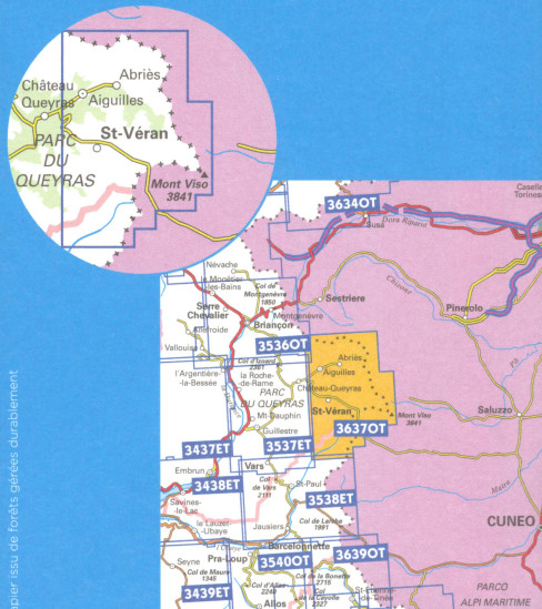 detail IGN 3637 OT Mont Viso 1:25t mapa IGN