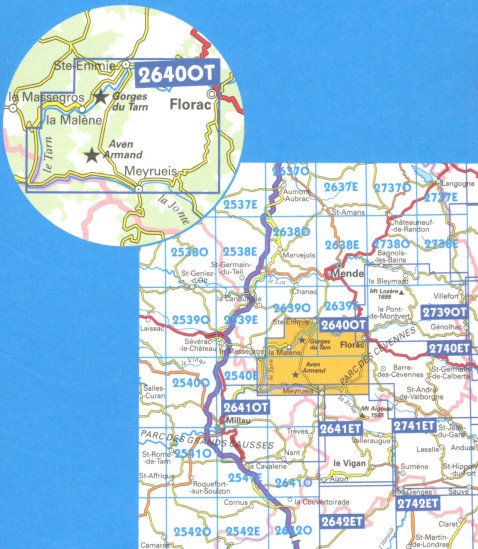 detail IGN 2640 OT Gorges du Tarn 1:25t mapa IGN