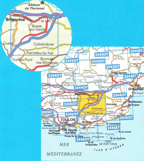 detail IGN 3445 OT Cuers-Pierrefeu du Var Coll. 1:25t mapa IGN