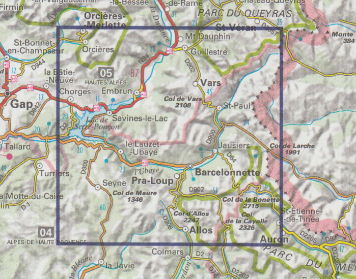 detail Ubaye, Val d´Allos, Lac de Serre-Poncon 1:75t mapa IGN