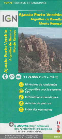 detail Ajaccio, Porto Vecchio, Aiguilles Bavella 1:75t mapa IGN