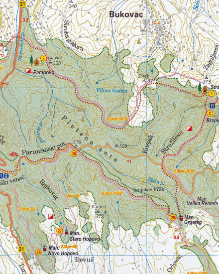 detail Fruška Gora 1:85.000 turistická mapa IS