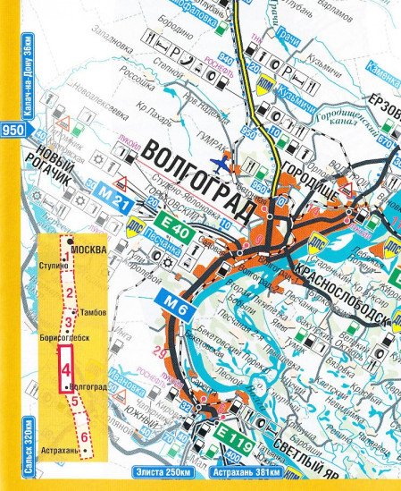 detail Moscow to Astrachan 1:600 000 Route Map & Volga River Delta 1:800 000