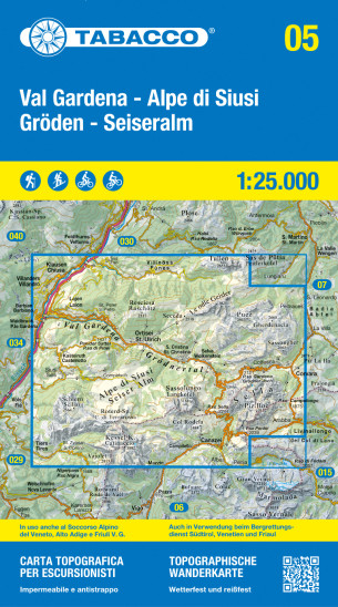 detail Val Gardena, Alpe di Siusi, Gröden 1:25 000 turistická mapa TABACCO #05