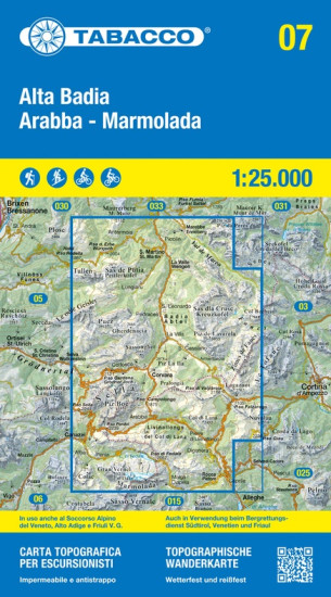 detail Alta Badia, Arabba – Marmolada 1:25 000 turistická mapa TABACCO #07