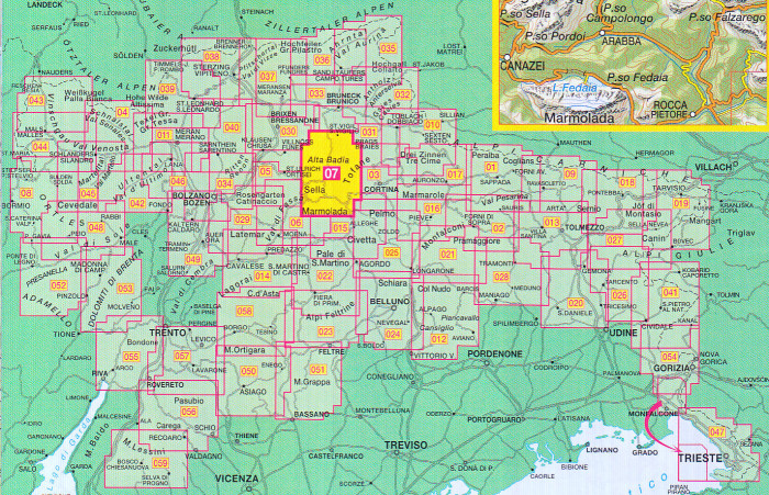 detail Alta Badia, Arabba – Marmolada 1:25 000 turistická mapa TABACCO #07