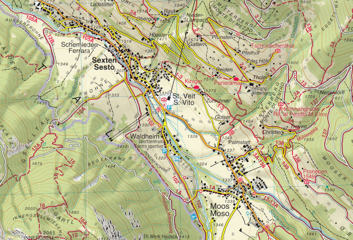 detail Dolomiti di Sesto 1:25 000 turistická mapa TABACCO #010