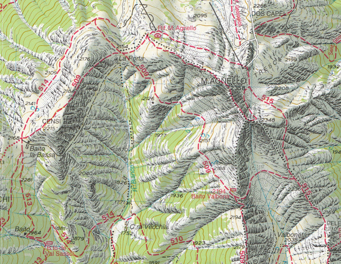 detail Val di Fiemme, Lagorai, Latemar 1:25 000 turistická mapa TABACCO #014