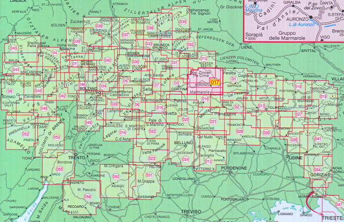 detail Dolomiti di Auronzo, del Comelico 1:25 000 turistická mapa TABACCO #017