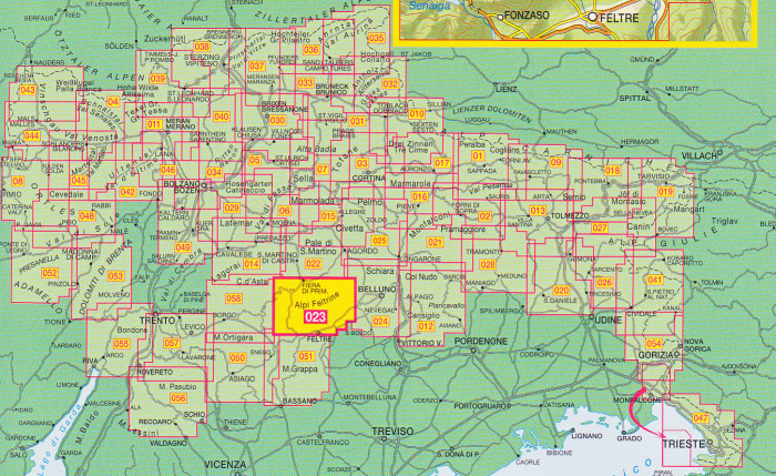 detail Alpi Feltrine, Le Vette- Cimonega 1:25 000 turistická mapa TABACCO #23