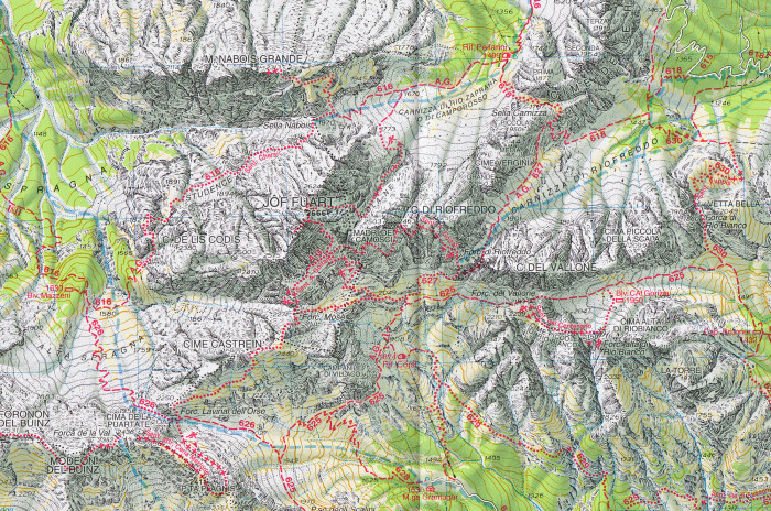 detail Canin–Val Resia, PN Prealpi Giulie 1:25 000 turistická mapa TABACCO #27