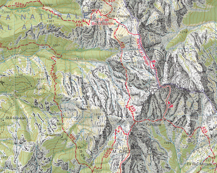 detail Karnské Alpy východ, Canal del Ferro 1:25 000 turistická mapa TABACCO #018