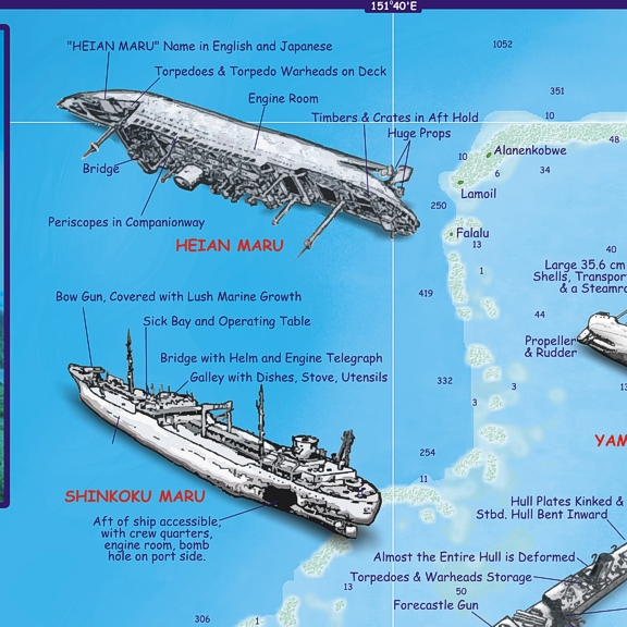 detail Mikronésie: Truk (Chuuk) Lagoon dive map FRANKO´S