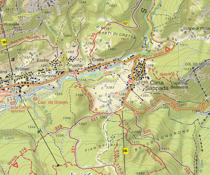 detail Sappada – S. Stefano, Forni Avoltri 1:25 000 turistická mapa TABACCO #01