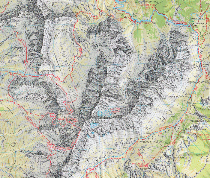 detail Dolomiti Di Zoldo, Cadorine e Agordine1:25 000 turistická mapa TABACCO #25