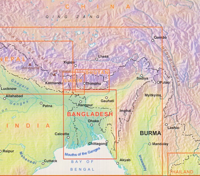 detail Bangladéš (Bangladesh) 1:750t & India East 1:1,5m mapa ITM