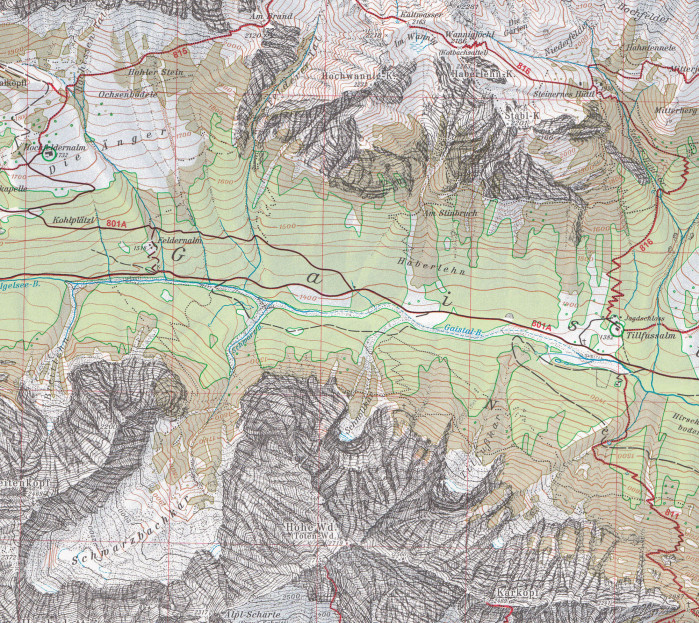 detail Wetterstein- und Mieminger Gebirge Střed 1:25 000, turistická mapa, Alpenverein