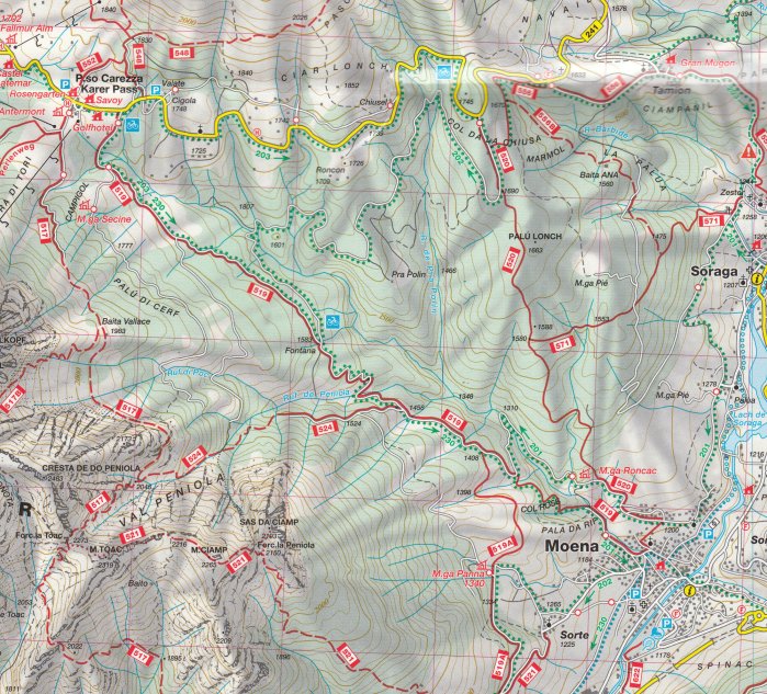detail Val di Fassa, Marmolada, Grupo di Sella 1:25t mapa KOMPASS #686