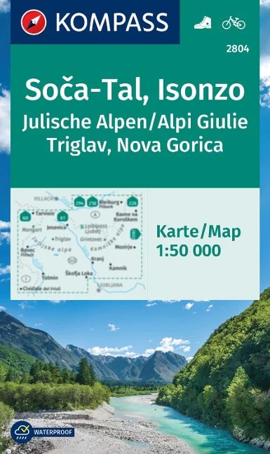 Soča Tal, Isonzo, Julské Alpy 1:50.000 turistická mapa KOMPASS 2804