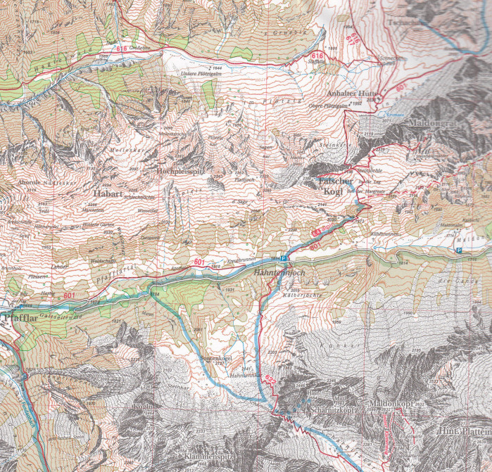 detail Lechtaler Alpen, Heiterwand und Muttekopfgebiet 1:25 000, turistická mapa letní