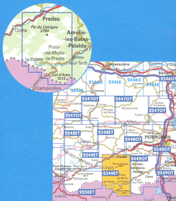 detail IGN 2349 ET Massif du Canigou 1:25t mapa IGN