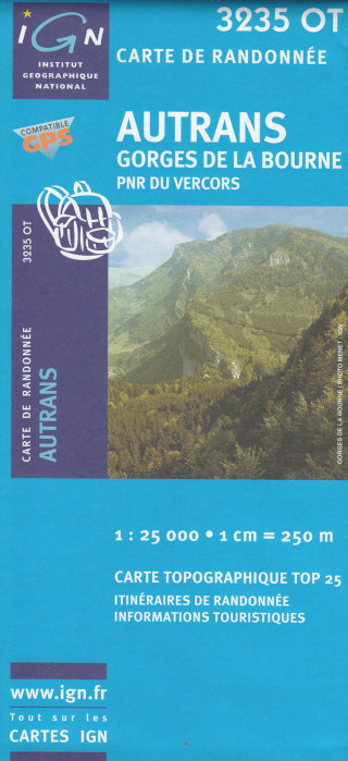 detail IGN 3235 OT AUTRANS, GORGES DE LA BOURNE 1:25t tur. mapa IGN