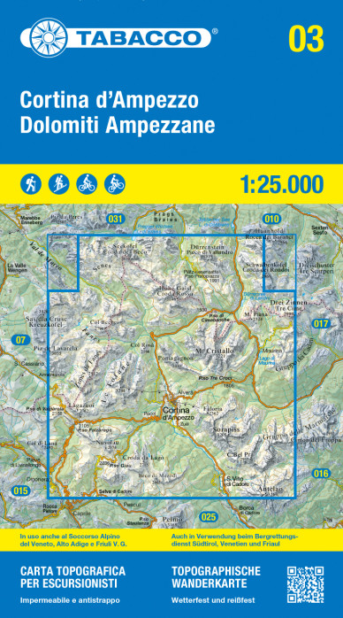 detail Cortina d´Ampezzo e Dolomiti Ampezzane 1:25 000 turistická mapa TABACCO #03