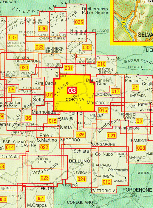detail Cortina d´Ampezzo e Dolomiti Ampezzane 1:25 000 turistická mapa TABACCO #03