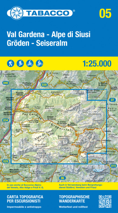 detail Val Gardena, Alpe di Siusi, Gröden 1:25 000 turistická mapa TABACCO #05