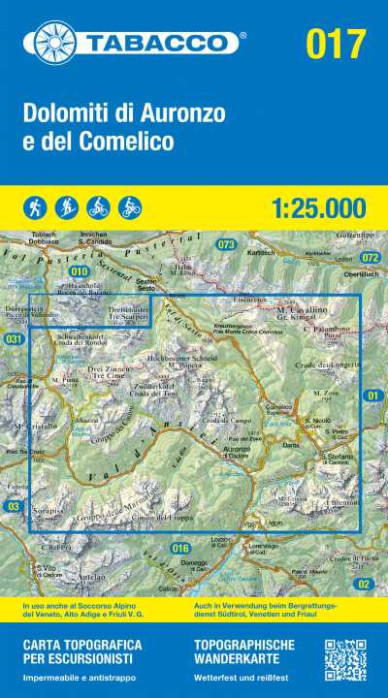 detail Dolomiti di Auronzo, del Comelico 1:25 000 turistická mapa TABACCO #017