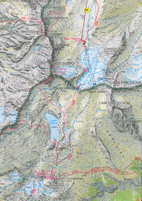 detail Adamello, Presanella 1:25 000 turistická mapa TABACCO #52