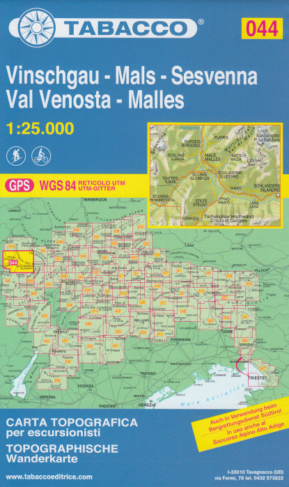 detail Vinschgau, Mals, Sesvenna, Val Venosta 1:25 000 turistická mapa TABACCO #44