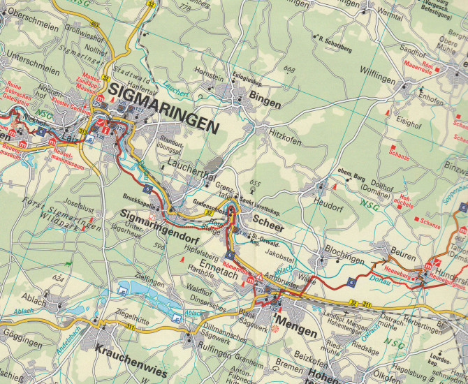 detail Eurovelo #2 Rhein- & Donauradweg / Radolfzell - Tuttlingen 1:100t cyklomapa