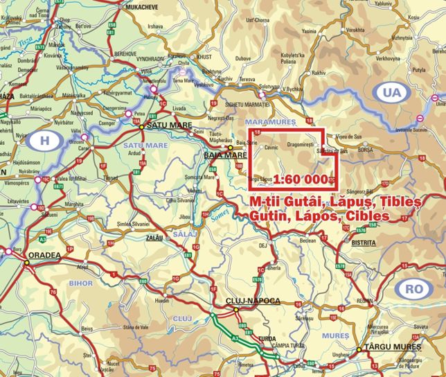 detail Muntii Gutai, Lapus and Tibles 1:60t turistická mapa DIMAP