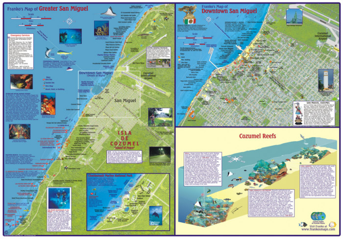 detail Cozumel 1:95t guide & dive mapa + St. Miguel FRANKO´S