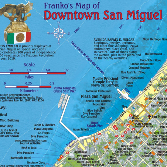 detail Cozumel 1:95t guide & dive mapa + St. Miguel FRANKO´S